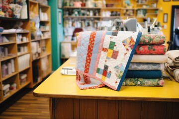 patchwork quilts folded in a craft shop - obrazy, fototapety, plakaty