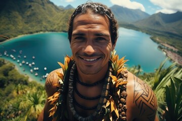Portrait of a Polynesian man from the Pacific island of Tahiti. French Polynesia - obrazy, fototapety, plakaty
