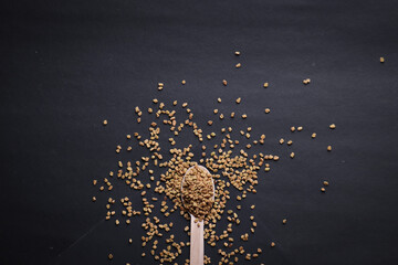 Raw fenugreek seeds kept on a wooden spoon on a dark grey background.