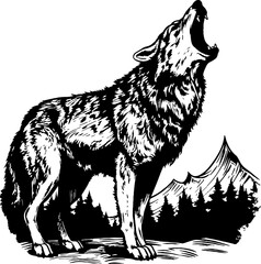 Line Art Engraving of Wolf howling, Black and White Detailed Vector Illustration, Isolated Animal Design on White Background