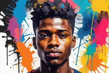 An abstract painting illustration portrait of a handsome young black male person , colorful splashes