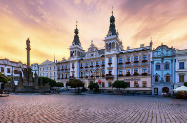 Fototapeta na wymiar Pardubice - Czech Republic - The center of the town, square at dramatic sunset