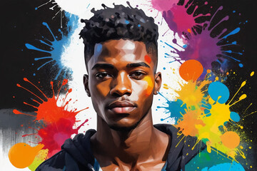 An abstract painting illustration portrait of a handsome young black male person , colorful splashes