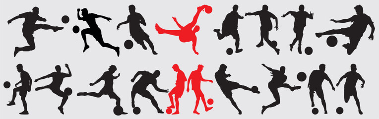 soccer shoot , footballer or football player silhouettes - obrazy, fototapety, plakaty