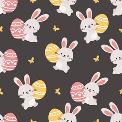 Seamless vector pattern for Easter day. Cute bunny running with Easter egg, butterflies on a dark brown background . Vector illustration
