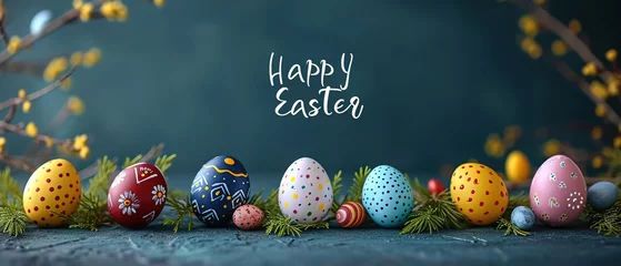 Foto op Canvas Easter postcard with eggs on isolated blue background. Easter banner with text "happy easter". © Danyilo