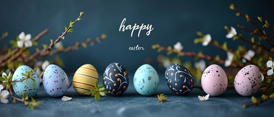Easter postcard with eggs on isolated blue background. Easter banner with text "happy easter".