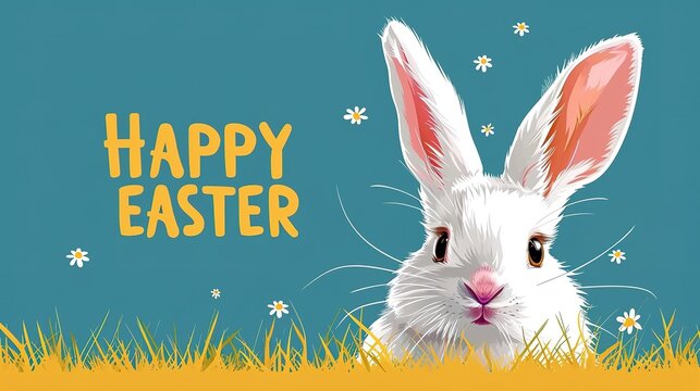 White easter bunny on blue background with flowers.Easter postcard with isolated blue background.