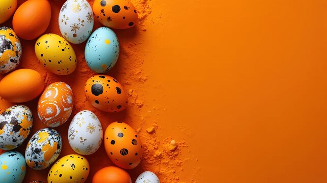 Colourful eggs on isolated orange background. Painted easter eggs with copy space for text.