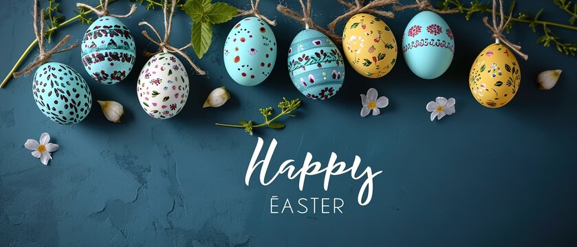 Easter postcard with egg garland on isolated blue background. Easter banner with text "happy easter"