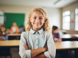Fototapeta premium smiling elementary school student standing in classroom with arms crossed.