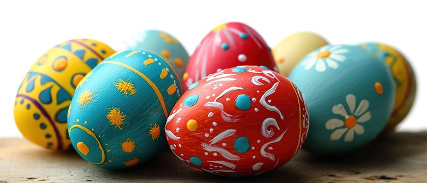 Easter eggs on blue board. Colourful easter eggs on wooden background. Hand painted eggs on table.
