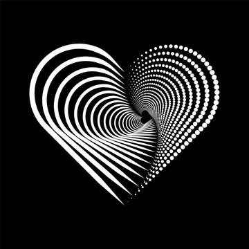 Halfton spiral in the shape of a heart. Vector halftone dots background for design banners, posters, business projects, pop art texture, covers. Geometric black and white texture.