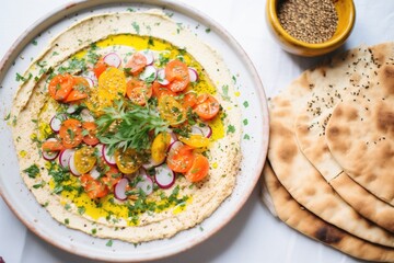 elevated bowl of hummus with sprinkle of zaatar and flatbread