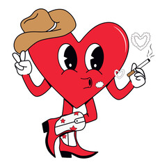 Western Valentine.Cowgirl.Groovy Retro happy Valentines day in trendy retro 70s cartoon style.Groovy lovely heart in trendy retro 60s cartoon style.Cowboy Valentine.Funky happy lovely heart character.