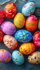 Fototapeta na wymiar Beautiful colorful easter eggs on blue wooden table. Top view image of painted easter eggs.