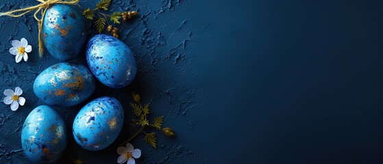 Coloured blue eggs. Blue easter eggs. Easter eggs on blue background with copy space for text. - obrazy, fototapety, plakaty