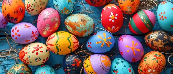 Closeup photo of colourful easter eggs. Hand painted easter eggs on wooden table. Easter postcard.