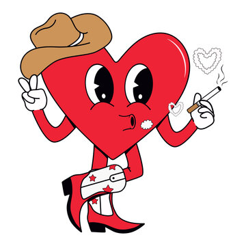 Western Valentine.Cowgirl.Groovy Retro happy Valentines day in trendy retro 70s cartoon style.Groovy lovely heart in trendy retro 60s cartoon style.Cowboy Valentine.Funky happy lovely heart character.