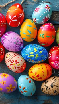 Beautiful colorful easter eggs on blue wooden table. Top view image of painted easter eggs.