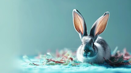 Cute rabbit with copy space for text. Bunny on isolated light blue background. Furry easter rabbit.