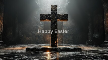Christian easter cross. Christian cross with light shining through tunnel. Christian cross in dark.