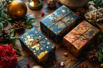 A top view of a celestial-inspired gift package, featuring cosmic prints and shimmering metallic accents, evoking a sense of wonder, Generative AI