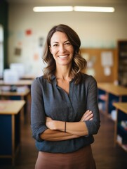 smiling teacher standing in classroom with arms crossed.
