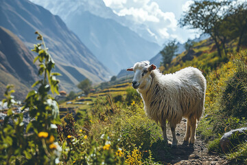 domestic sheep in the natural landscape of a mountain valley