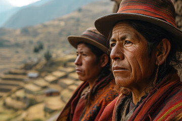 peruvian people in national clothes against a background of mountainous landscape