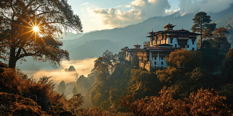 ancient asian castle on a cliff above a beautiful mountain valley
