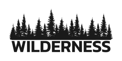 Fotobehang Wilderness, forest logo with pine tree silhouette. Adventure, hiking, outdoor emblem. Vector illustration. © metelsky25