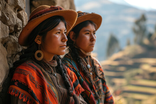 peruvian people in national clothes against a background of mountainous landscape