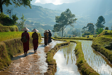 rural landscape with rice terraced fields and people in asian folk clothes