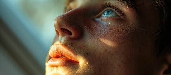 Touched by His Grace. Close-up of a beautiful young man looking up with tears in her eyes. Christian concept