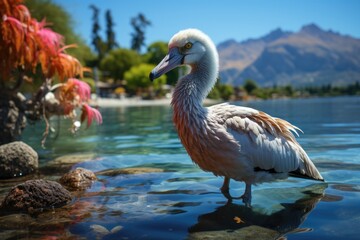 A large bird on the water near the island of Tahiti. Bird