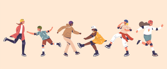 Children Characters Joyfully Glide On Roller Blades, Laughter Echoing As They Navigate Twists And Turns, A Vibrant Scene - obrazy, fototapety, plakaty
