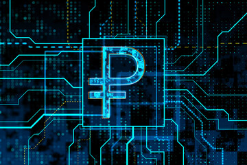 Neon Ruble sign on electronic circuit board. Russian currency and digital finance concept. 3D Rendering