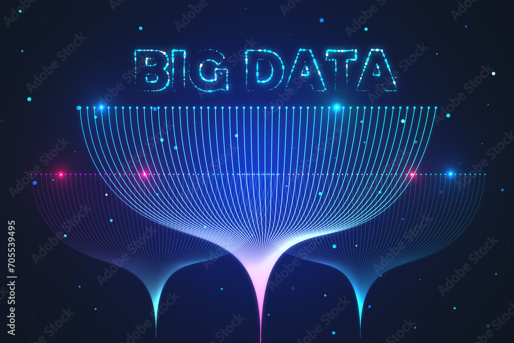 Aufkleber Abstract big data visualization with bright nodes and futuristic network. Technology and cyberspace concept. 3D Rendering