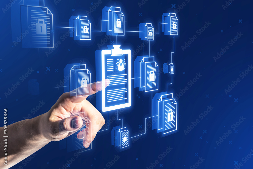 Poster close up of businessman hand pointing at creative digital chain of documents on blurry background. s