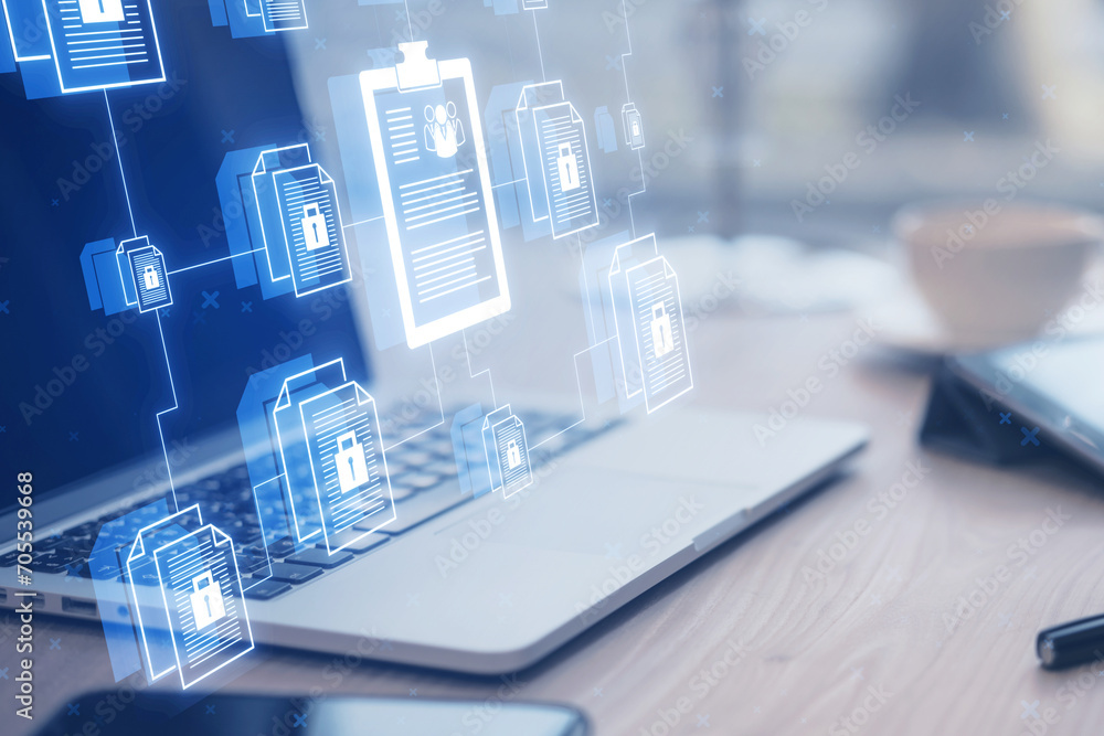 Poster Close up of laptop and other items on wooden desk with creative digital chain of documents on blurry background. Security, data, login and e-signature concept. 3D Rendering.