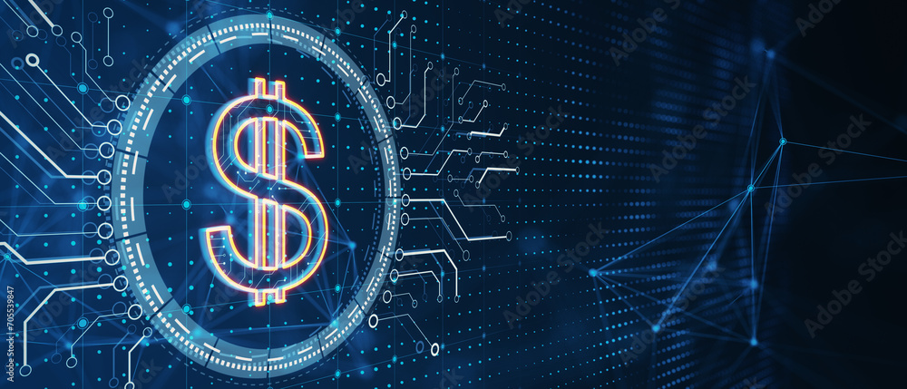 Aufkleber digital dollar sign on futuristic circuit background. financial technology and e-commerce concept. 3