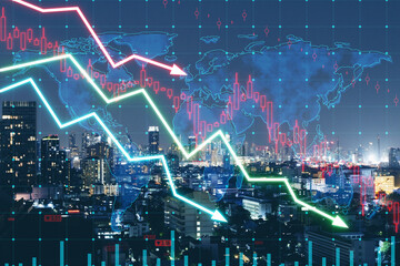 Abstract falling forex chart arrows on blurry night city background. Financial crisis, trade and recession concept. Double exposure.