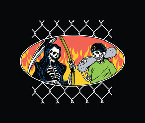 HAND DRAWN GRIM REAPER AND SKATER VECTOR ILLUSTRATION © aftershift.studio