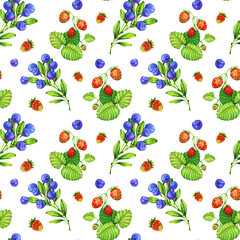 Seamless pattern with decorative forest berries, green branches drawn by markers