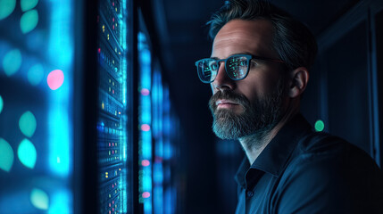 A tech expert in glasses stands by server racks.