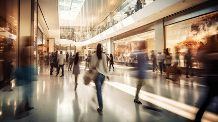 Motion blur of people bustling in a shopping mall. Ai generate. - obrazy, fototapety, plakaty