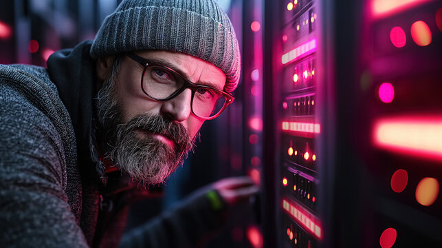 A bearded man inspecting server lights.