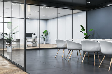 Modern wooden, concrete and glass meeting room interior with furniture and partitions. Workplace concept. 3D Rendering.