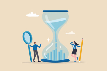 Time management or employee timesheet analysis, time tracking efficiency or productivity, working hour or project schedule concept, business people project manager analyze time graph in sandglass. - obrazy, fototapety, plakaty